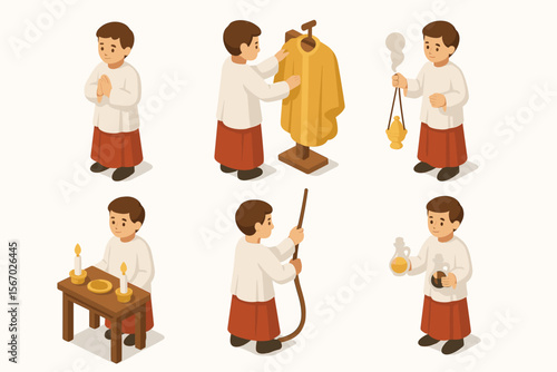 Young caucasian male child performing altar server roles in catholic church vector icon isolated illustration