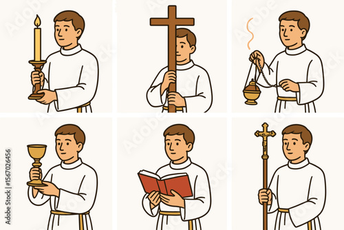 Young caucasian male altar server with candle, cross, incense, chalice, book, staff vector icon isolated illustration