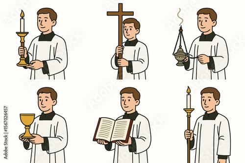 Young caucasian male cleric holding religious objects illustration set vector icon isolated illustration