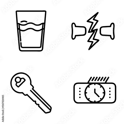 Icons of glass, key, alarm clock, and lightning bolts in simple style  