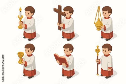 Isometric illustrations of young male altar servers with church items vector icon isolated illustration