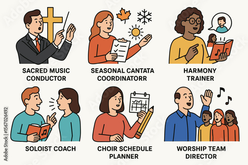 Illustrated roles in choral music: conductor, coordinator, trainer, coach vector icon isolated illustration