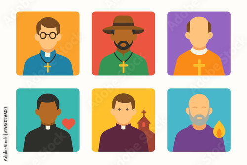 Illustrated clergy icons: diverse religious figures in colorful outfits and accessories vector icon isolated illustration