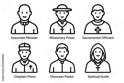 Illustrated clergy icons of six caucasian adult male and female roles vector icon isolated illustration