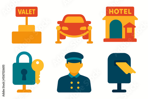 Hotel services icons: valet, car, hotel, lock, bellhop, mailbox vector icon isolated illustration