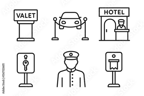 Hotel valet service icons set including valet stand, car, hotel, key, attendant, ticket vector icon isolated illustration