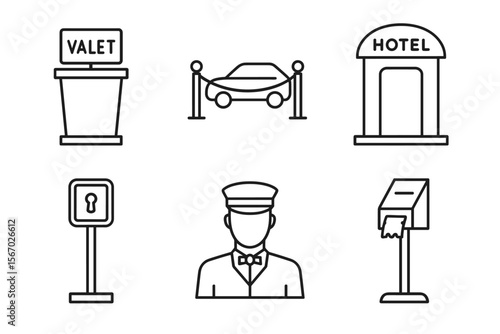Hotel and valet icons set with concierge male figure vector icon isolated illustration