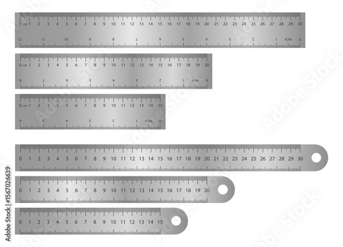  Set of metal rulers in wide and narrow rounded-tip styles. Includes 15 cm, 20 cm, and 30 cm sizes.