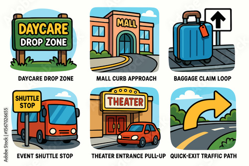 Daycare drop zone, mall approach, baggage claim, shuttle stop, theater pull-up, traffic path vector icon isolated illustration