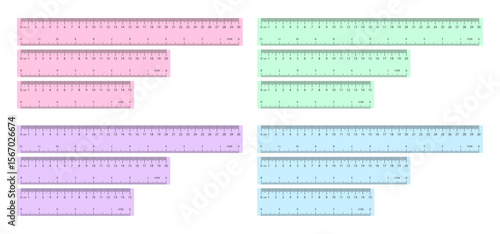 Colorful pastel plastic rulers in purple, pink, blue, and green, with 15, 20, and 30 cm sizes. Flat vector design with soft depth.