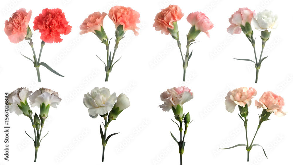Naklejka premium carnation flower collection set isolated on white background PNG, AI GENERATED