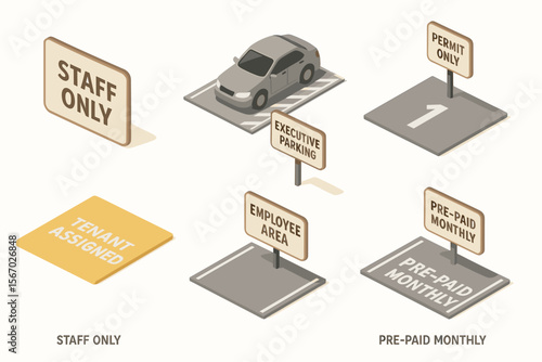 Parking signs and spaces: staff only, tenant assigned, pre-paid monthly, executive parking vector icon isolated illustration