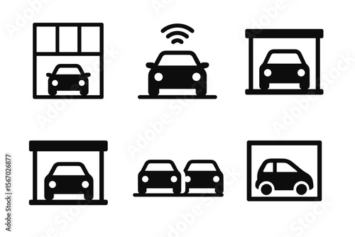 Set of six car icons including garage, charging, and parking symbols vector icon isolated illustration