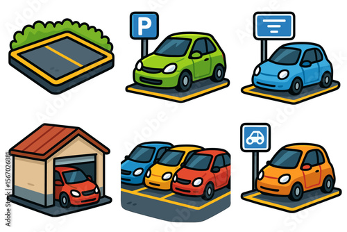 Cartoon parking lot and cars with garage and parking signs vector icon isolated illustration