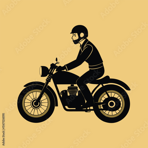 Side-view silhouette of vintage motorcycle with rider wearing helmet, classic bike vector illustration, retro motorbike design, biker icon