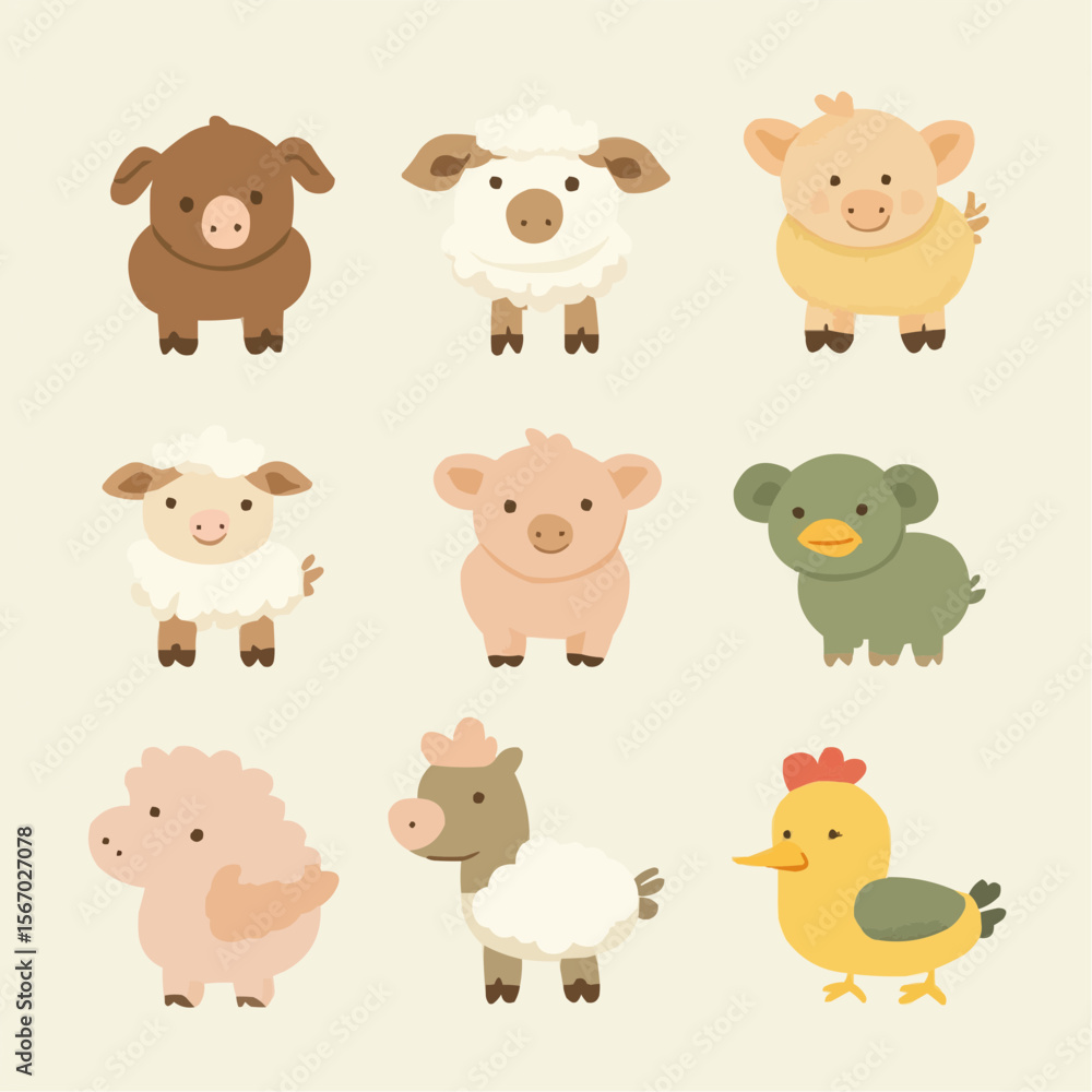 Naklejka premium Cute flat clipart set of baby farm animals including cow, piglet, lamb, chick in soft earthy colors for nursery decor, packaging, greeting cards and craft projects
