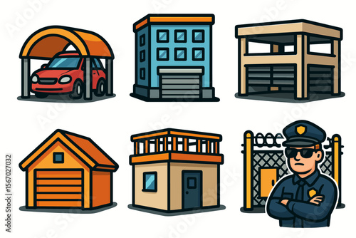 Cartoon buildings: carport, apartment, garage, police officer, security gate vector icon isolated illustration