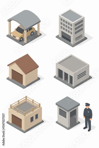 Isometric set of buildings and guard in uniform vector icon isolated illustration