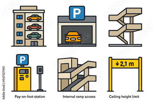 Icon set of parking garage features including pay station, ramp, and height limit vector icon isolated illustration