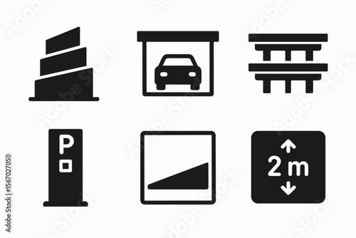 Transportation and parking symbols set: garage, ramp, height limit, parking vector icon isolated illustration