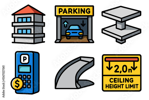 Parking symbols and icons set with garage, car, payment, and limit sign vector icon isolated illustration