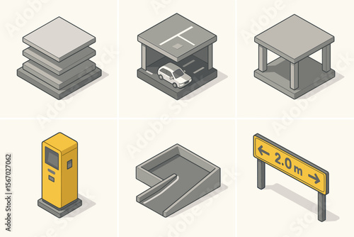 Isometric parking lot elements with car, signs, and structures vector icon isolated illustration