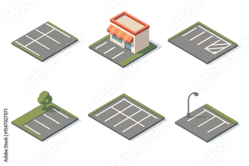 Isometric parking lot designs with storefront and street elements vector icon isolated illustration