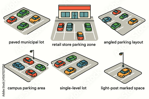 Variety of parking lot types and designs illustrated vector icon isolated illustration