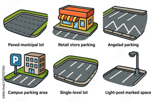 Illustrated parking lot types with retail and campus options vector icon isolated illustration