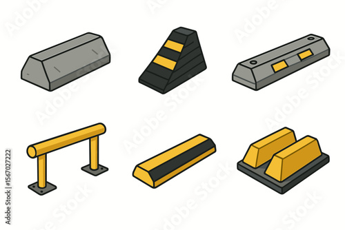 Set of urban skate park obstacles with ramps and rails for skateboard practice vector icon isolated illustration