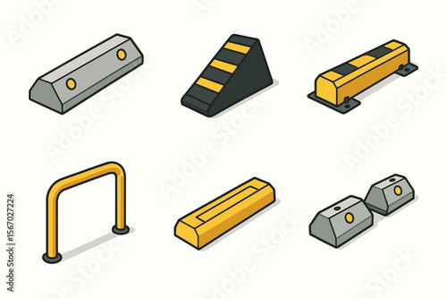 Isometric parking barriers and bollards collection in yellow and gray tones vector icon isolated illustration