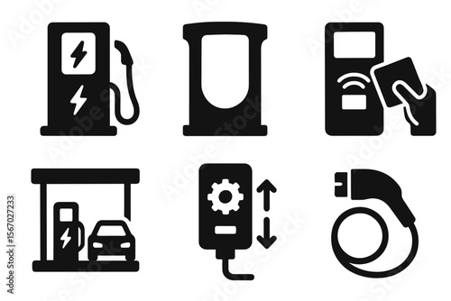 Electric vehicle charging icons set with plug, station, and payment symbols vector icon isolated illustration