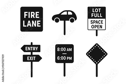 Collection of road and parking signs: fire lane, lot full, entry, exit, time, diamond vector icon isolated illustration