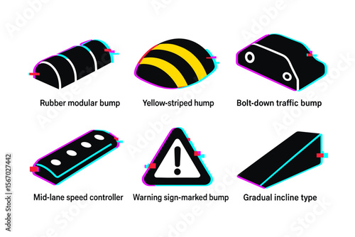 Types of speed bumps and traffic calming devices vector icon isolated illustration