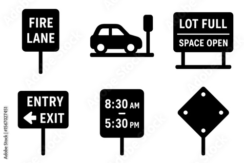 Traffic signs collection: fire lane, parking, entry exit, timings vector icon isolated illustration