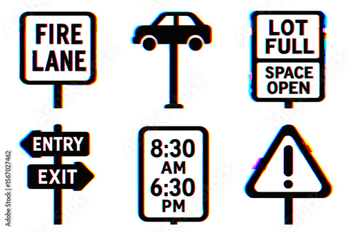 Set of six traffic and parking signs including fire lane and lot full vector icon isolated illustration