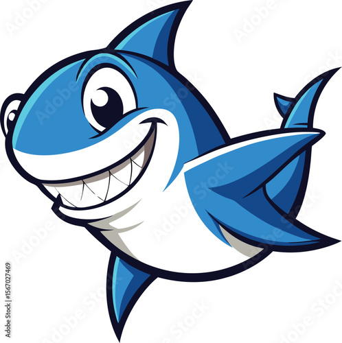 A cheerful cartoon shark with a wide toothy grin and big eyes depicted as a friendly character isolated on transparent background