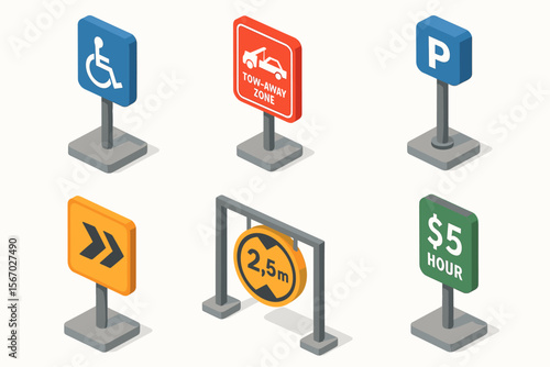 Isometric parking signs collection: handicap, tow-away, parking, arrow, height, price vector icon isolated illustration