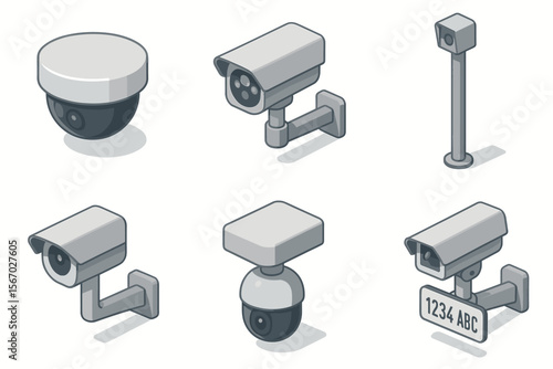 Various security cameras including dome, bullet, and license plate vector icon isolated illustration
