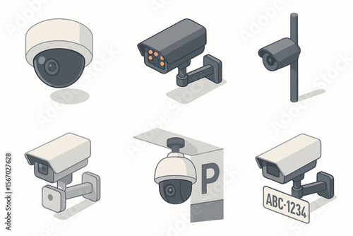 Various surveillance cameras: dome, bullet, license plate, security systems vector icon isolated illustration
