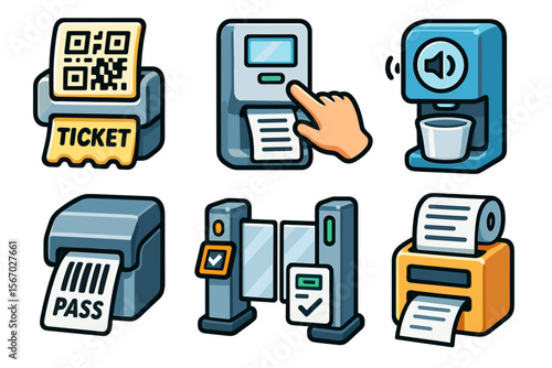 Icons of ticket dispensers and access control devices with qr codes and pass readers vector icon isolated illustration