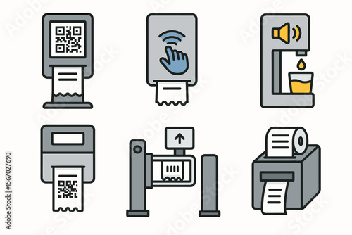 Set of 6 automated vending machines with qr codes and touch interfaces vector icon isolated illustration
