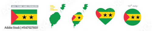 sao tome and principe flag and map set. sao tome and principe flag in official colors and proportions. independence day 12 july, map, circle and heart shaped sao tome and principe