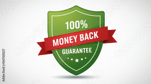 A green shield graphic conveys a money-back guarantee with a prominent red ribbon and stars, perfect for business assurance and promotional material.