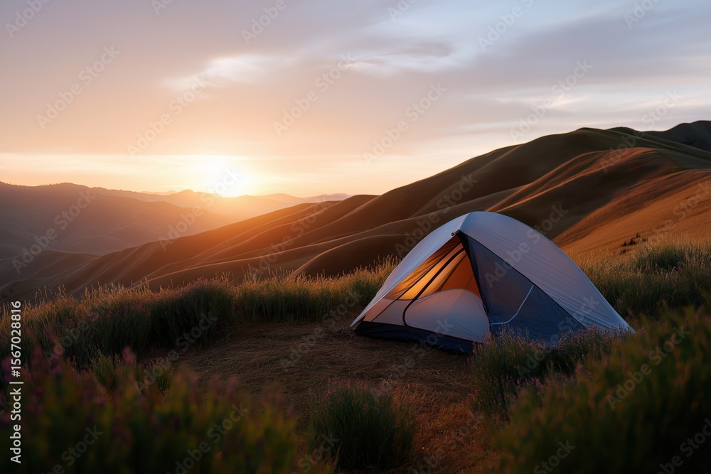 Obraz premium Solitary tent amidst rolling hills at sunrise