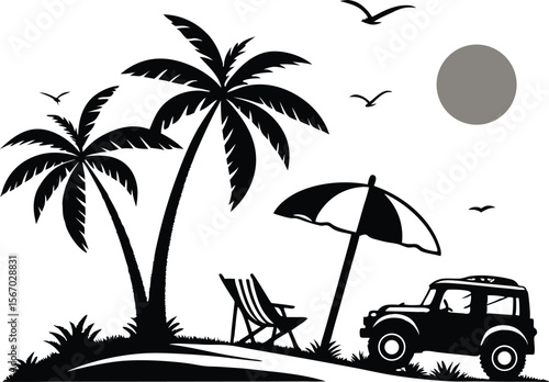 Tropical beach scene with palm trees a beach chair umbrella and off road vehicle under a sun isolated on transparent background
