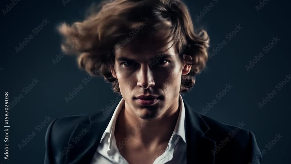 Handsome Man with Flowing Hair Posing in a Dark Suit, Dramatic Lighting Handsome Man with Flowing Hair Posing in a Dark Suit, Dramatic Lighting