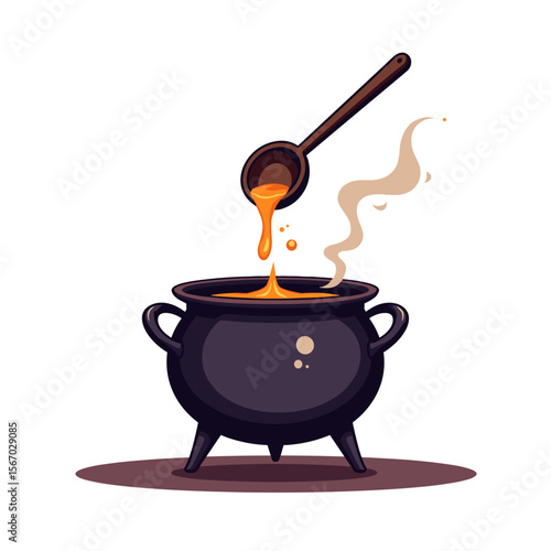 Ladle dripping into cauldron, pop art brewing tools illustration