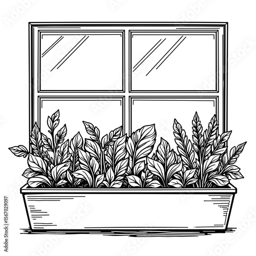 Window planter box with edible greens, home gardening illustration