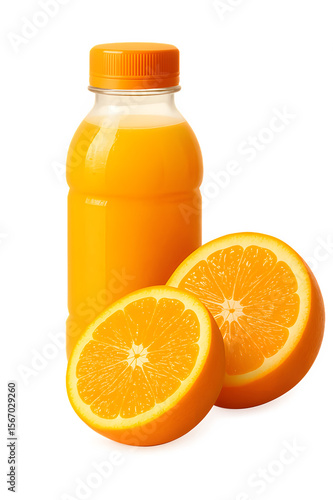 Refreshing Orange Juice Bottle with Sliced Oranges on transparent background